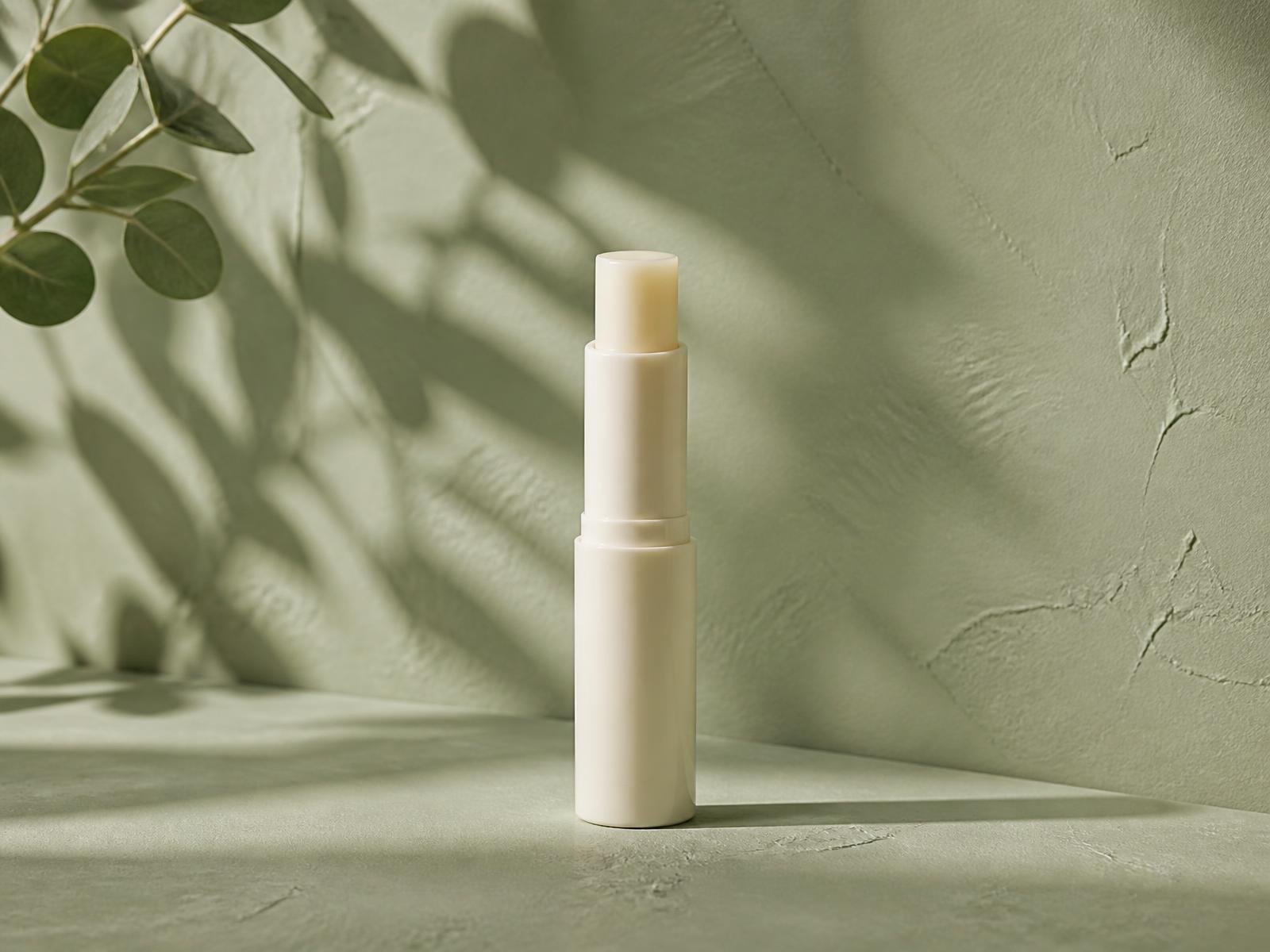 Cream-coloured GentleBalm tube standing on a sage-green plaster surface with eucalyptus shadows